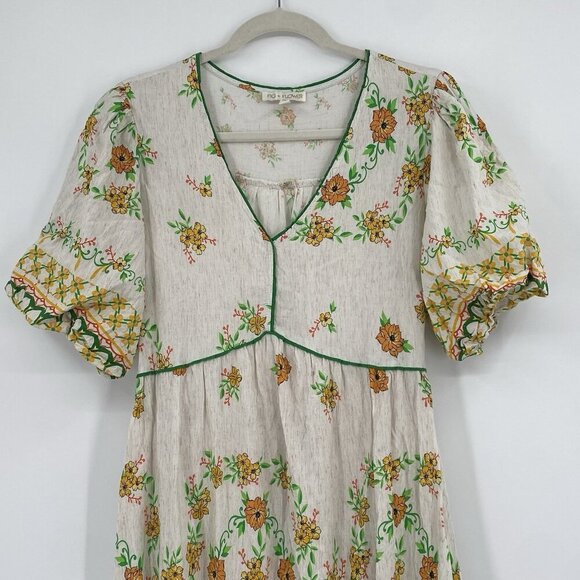 Fig & Flower Size Large Floral Print Linen Blend Short Sleeve Midi Dress Prairie - Picture 5 of 16